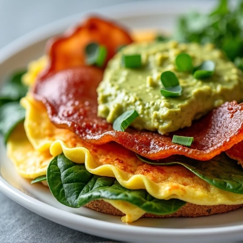 Crispy Turkey Bacon and Spinach Omelette with Smashed Avocado Toast