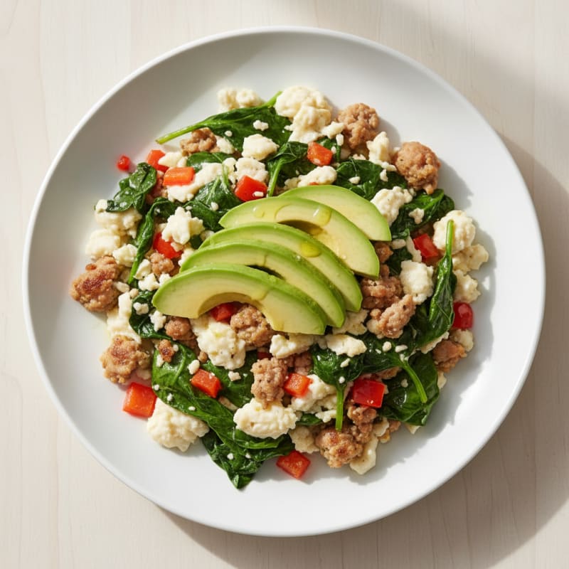 Egg White and Turkey Sausage Scramble with Sautéed Spinach