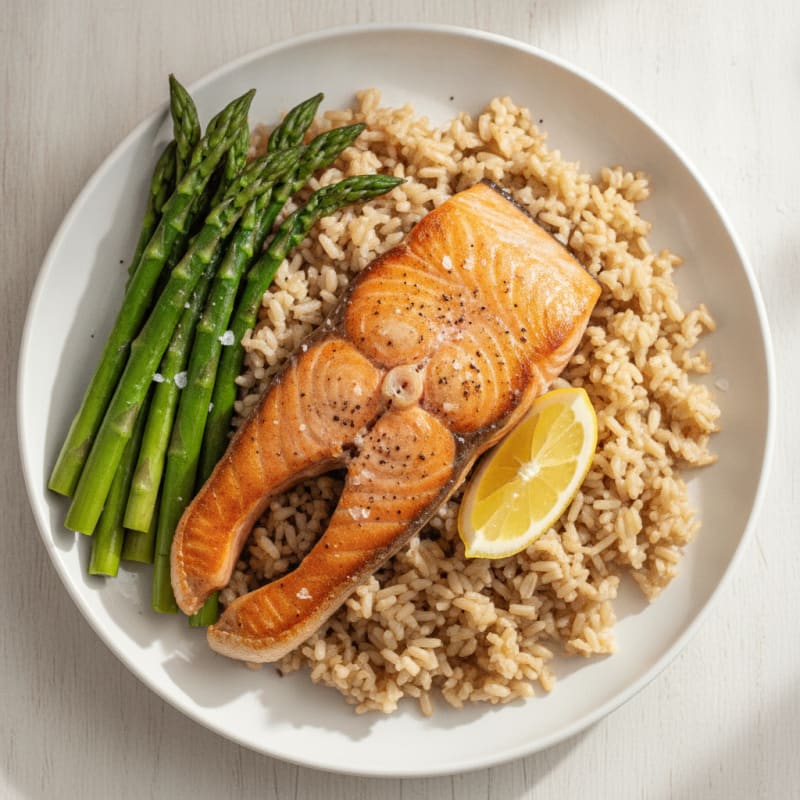 Seared Salmon Fillet with Steamed Asparagus and Brown Rice