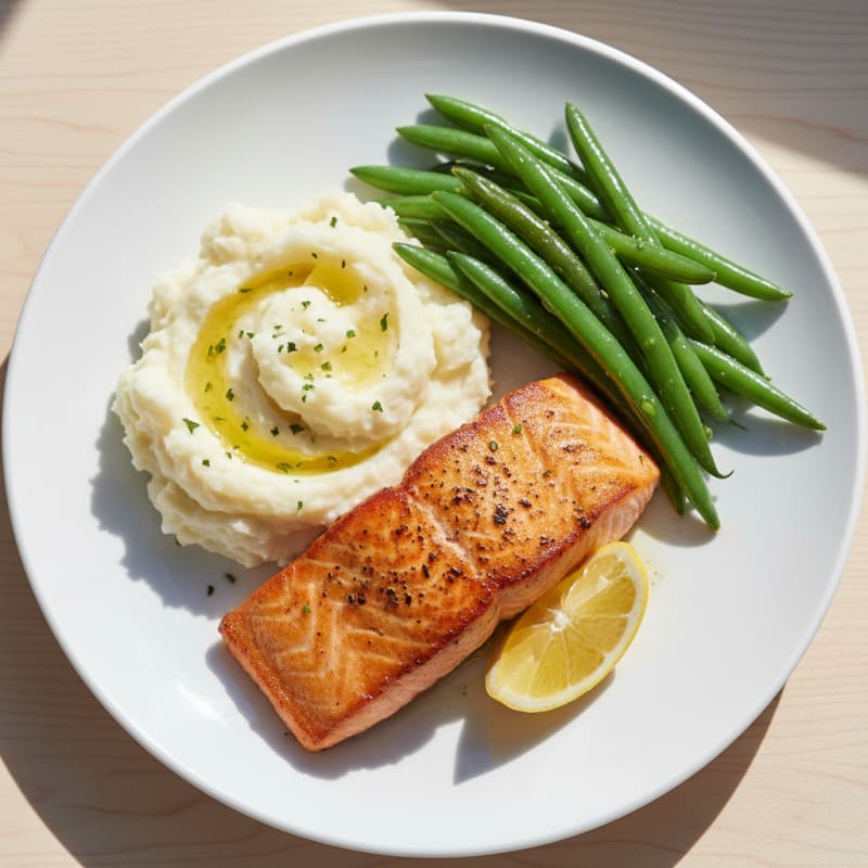 Seared Salmon with Steamed Green Beans and Garlic Mashed Potatoes