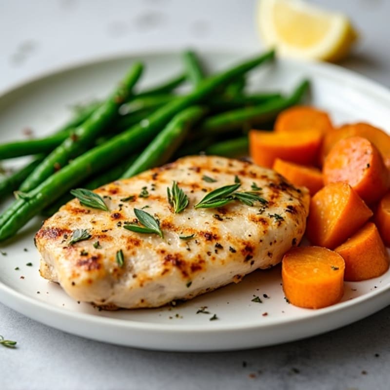 Grilled Lemon Herb Chicken with Roasted Sweet Potato and Steamed Green Beans
