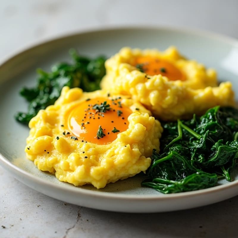 Fluffy Scrambled Eggs with Sautéed Greens