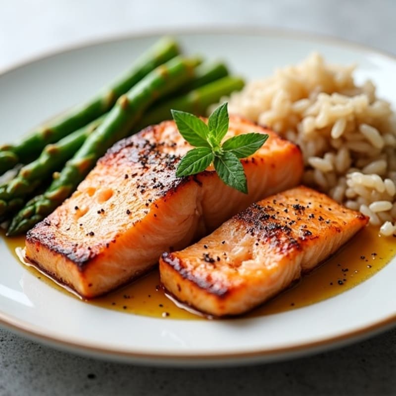 Seared Salmon with Steamed Asparagus and Brown Rice