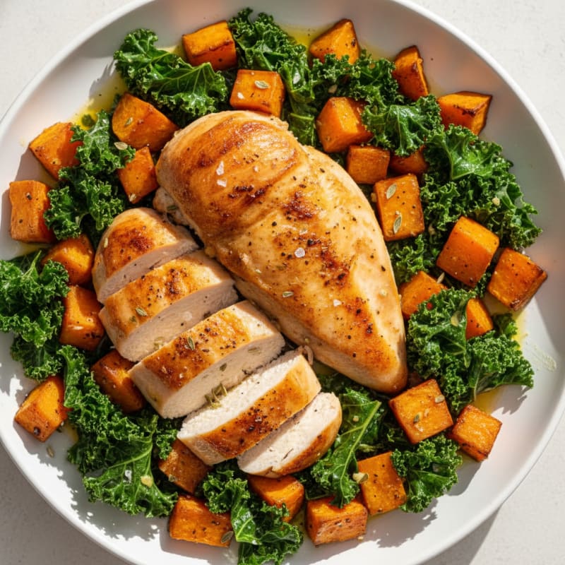 Roasted Chicken with Sweet Potatoes and Kale
