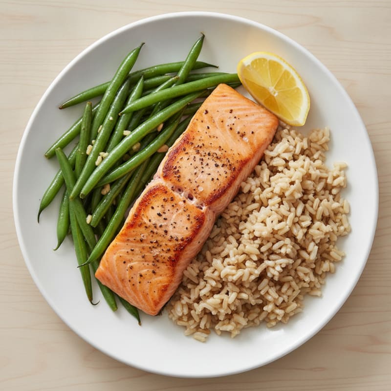 Seared Salmon Fillet with Garlic Green Beans and Brown Rice