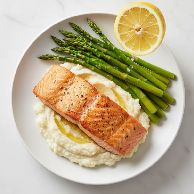 Seared Salmon with Steamed Asparagus and Cauliflower Mash