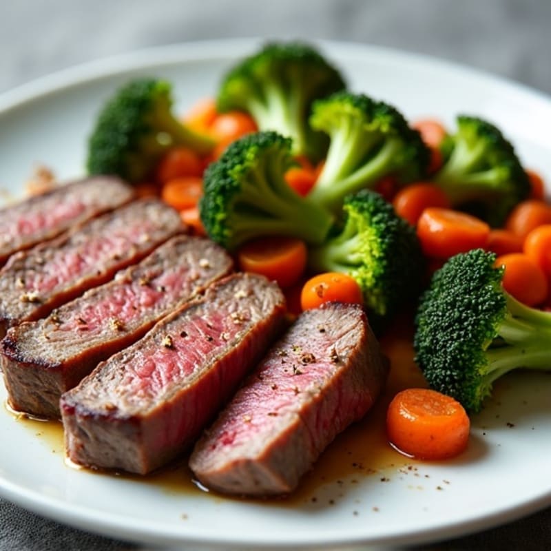 Seared Lean Beef with Roasted Broccoli and Carrots