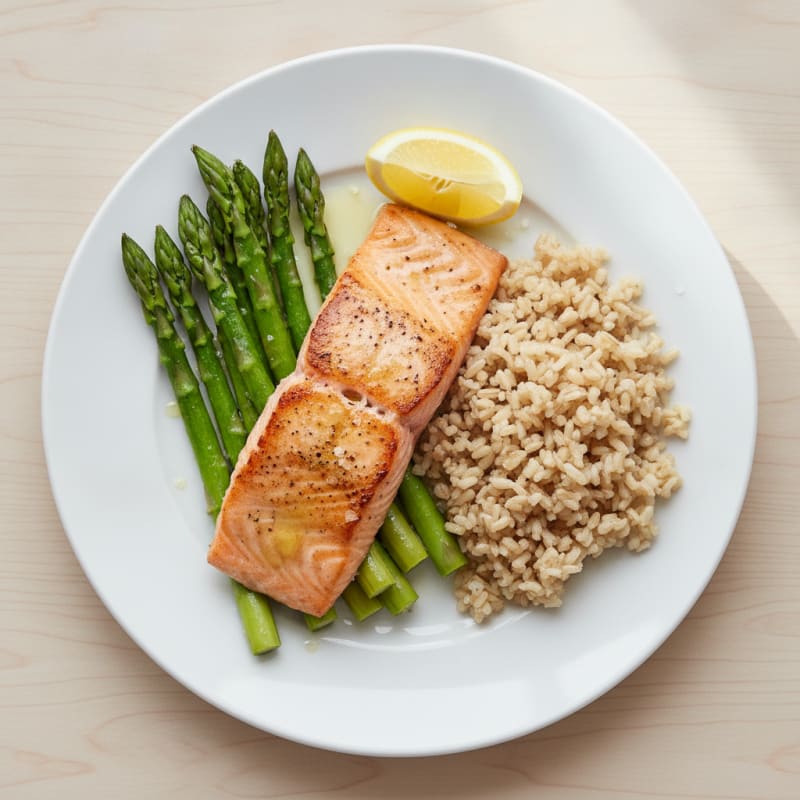 Seared Salmon Fillet with Steamed Asparagus and Brown Rice