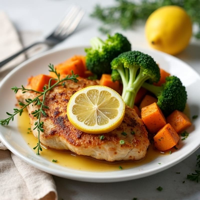 Lemon-Herb Roasted Chicken with Crispy Roasted Broccoli and Sweet Potato