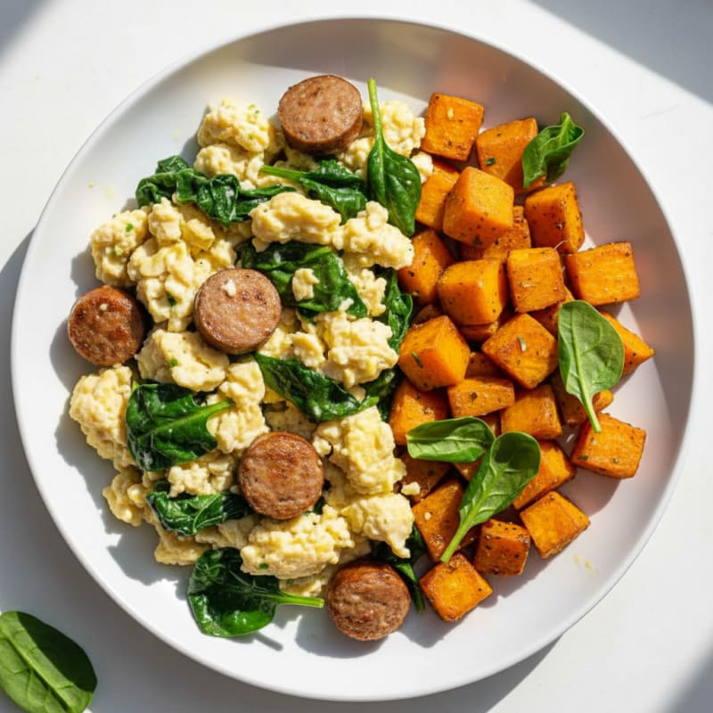Egg White and Turkey Sausage Scramble with Spinach and Roasted Sweet Potatoes