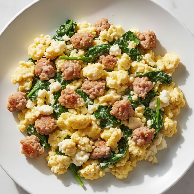 Cottage Cheese Egg Scramble with Spinach and Turkey Sausage