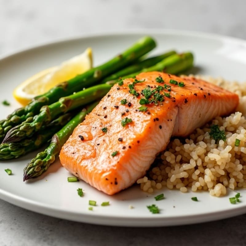 Seared Salmon with Steamed Asparagus and Brown Rice