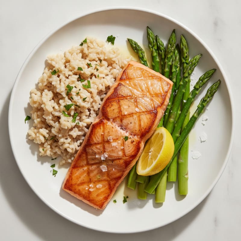 Seared Salmon with Steamed Asparagus and Brown Rice