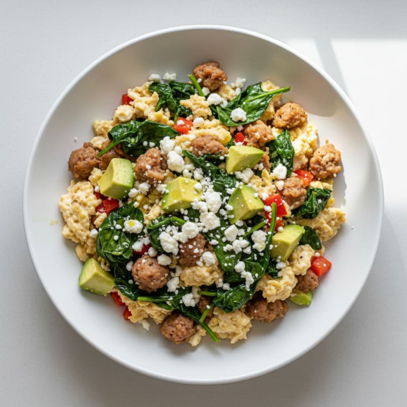Egg White and Turkey Sausage Scramble with Sautéed Spinach