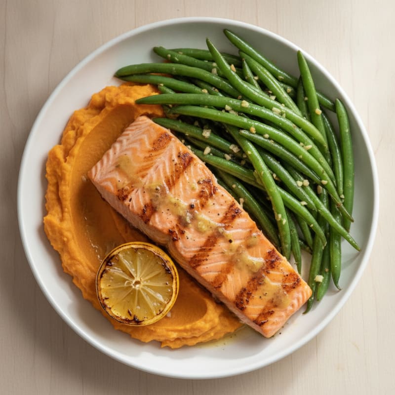 Grilled Salmon with Garlic Green Beans and Sweet Potato Mash