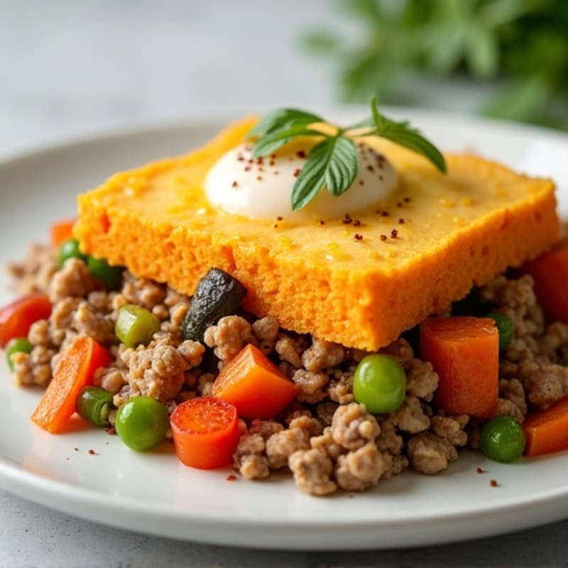 Lean Ground Turkey and Mixed Vegetable Bake with Creamy Sweet Potato Topping