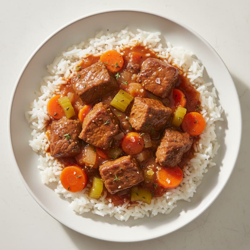 Savory Beef and Vegetable Stew with White Rice