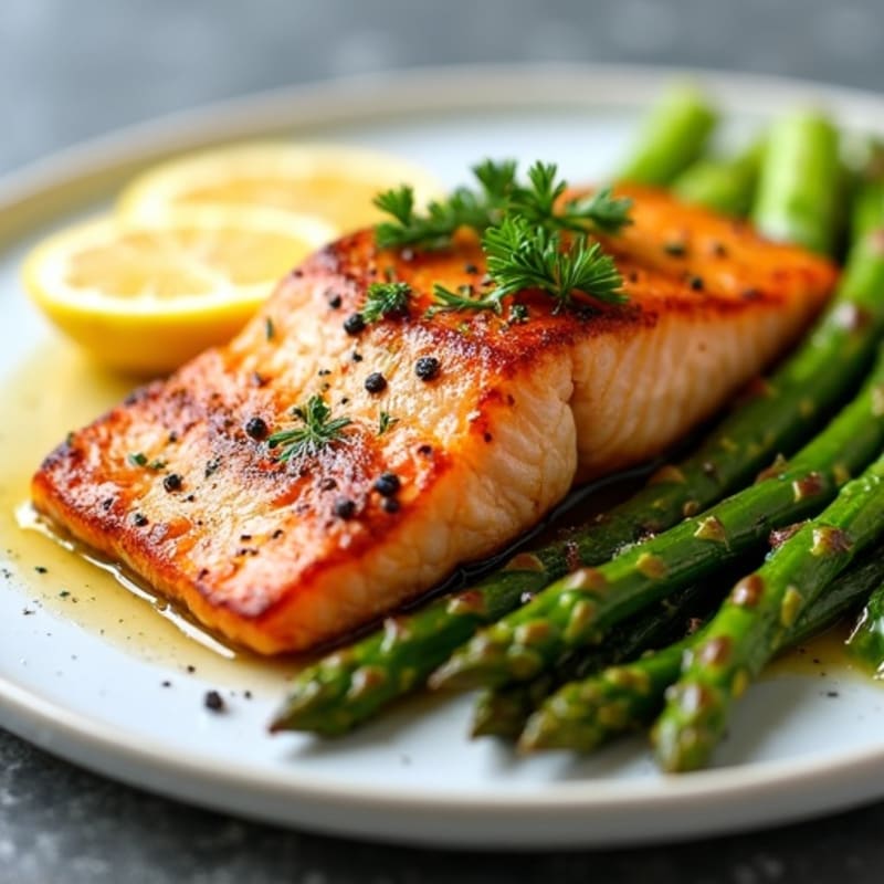 Crispy Pan-Seared Salmon with Lemon-Herb Roasted Asparagus