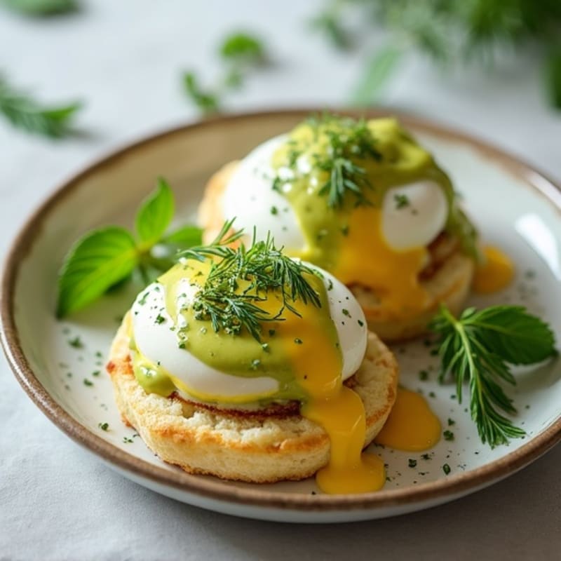 Herb-Poached Eggs with Creamy Avocado Hollandaise