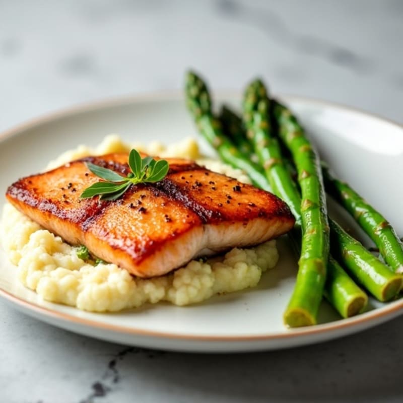 Seared Salmon Fillet with Steamed Asparagus and Garlic Mashed Cauliflower