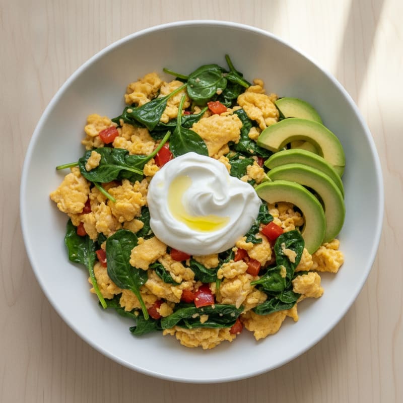 Scrambled Eggs with Sautéed Spinach and Greek Yogurt