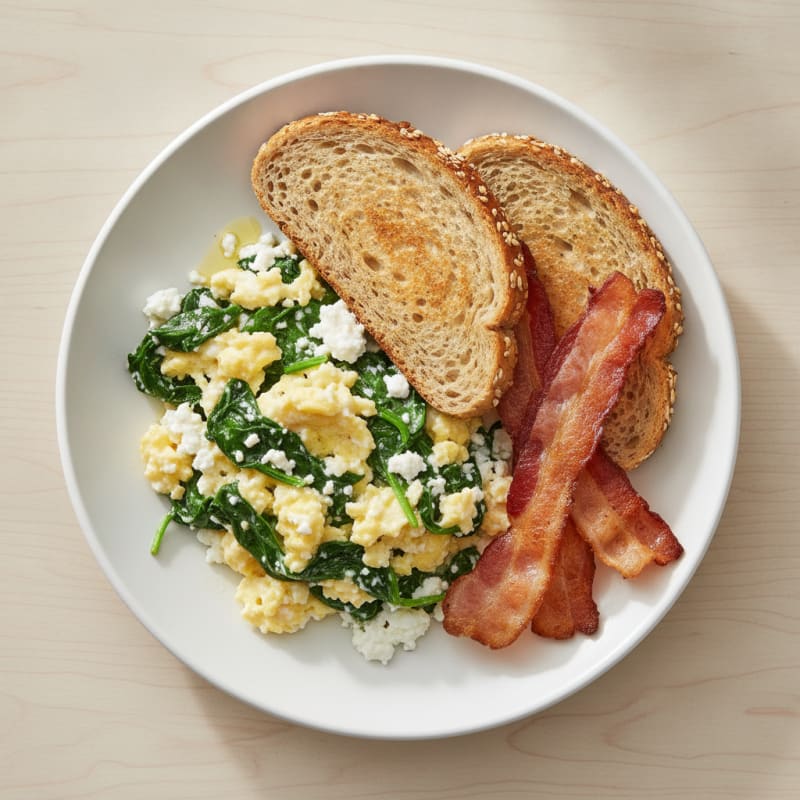 Cottage Cheese Scramble with Spinach and Turkey Bacon
