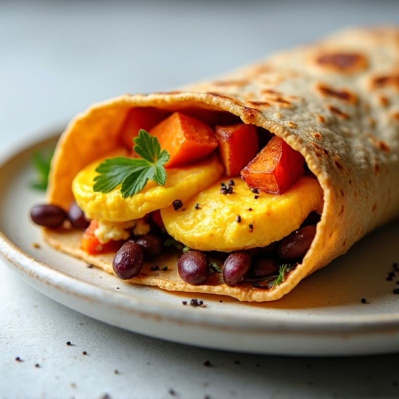 Crispy Sweet Potato, Scrambled Egg, and Black Bean Wrap