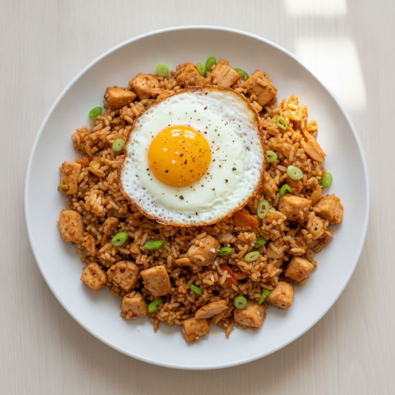 High-Protein Kimchi Fried Rice with Chicken and Fried Egg