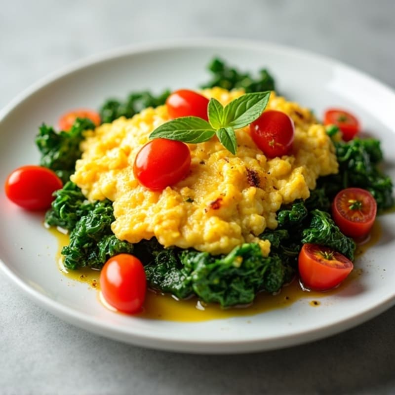 Fluffy Scrambled Eggs with Sautéed Spinach and Cherry Tomatoes