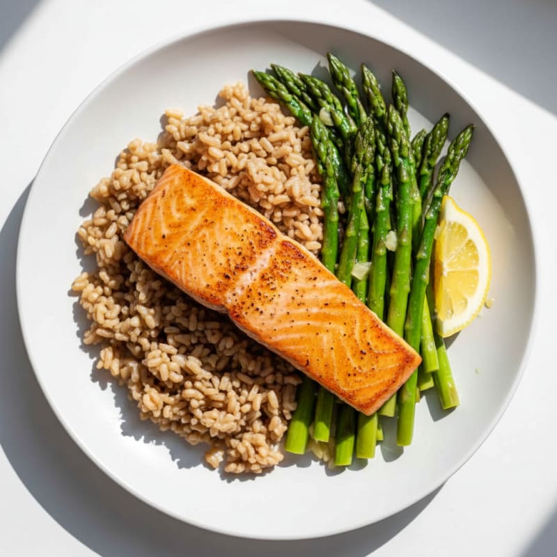 Seared Salmon with Steamed Asparagus and Brown Rice