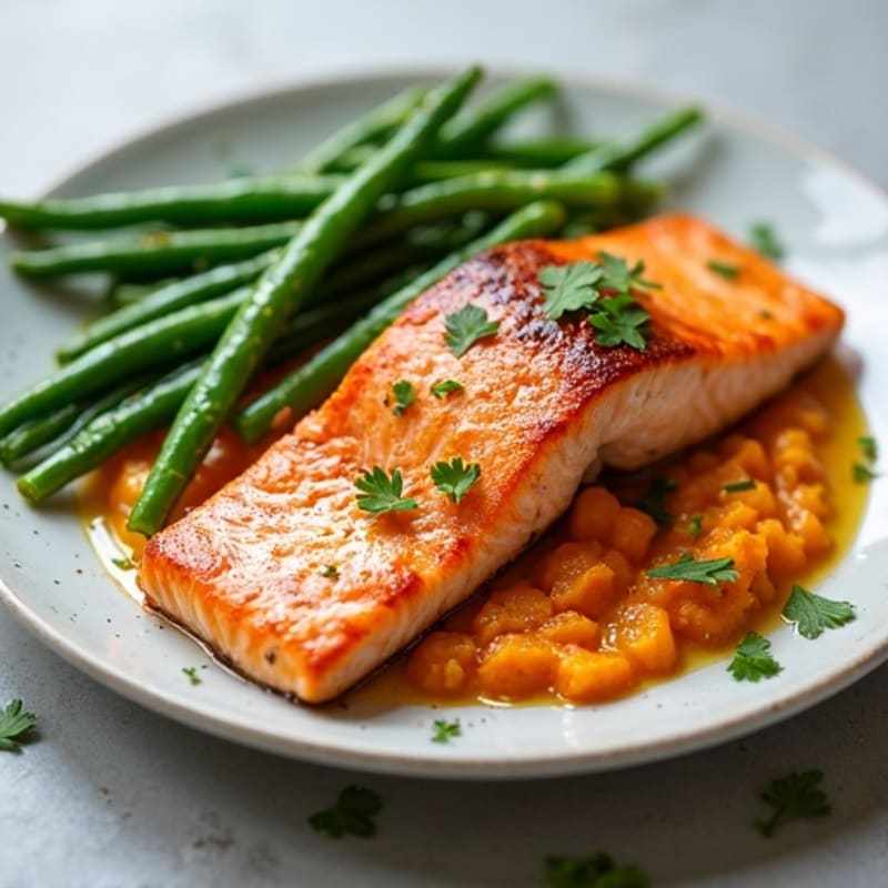 Seared Salmon with Garlic Green Beans and Sweet Potato Mash