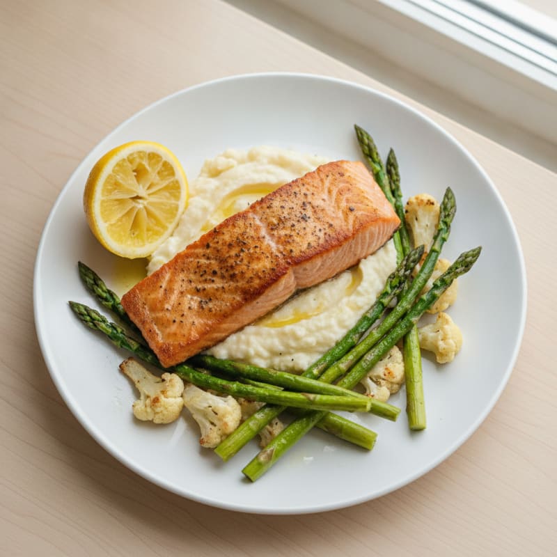 Seared Salmon Fillet with Roasted Asparagus and Cauliflower Mash