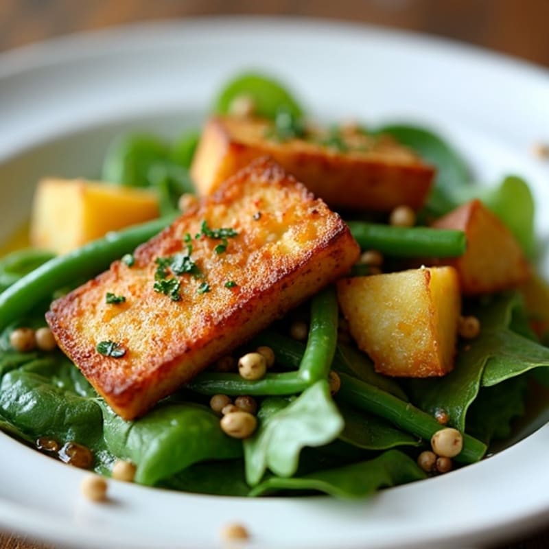 Crispy Tofu with Roasted Potatoes, Green Beans, and Mixed Greens