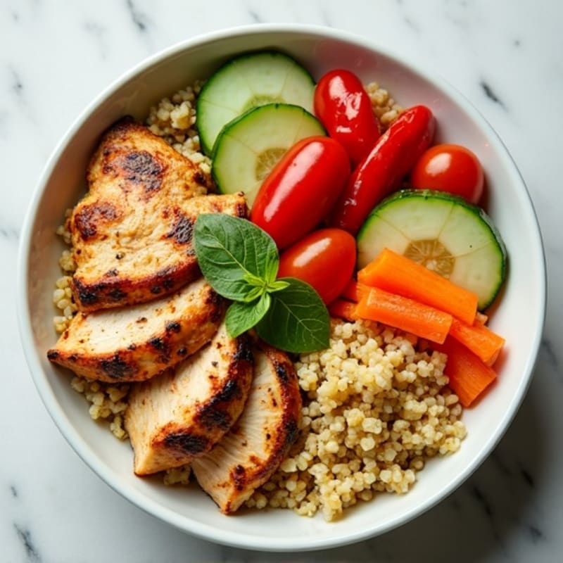 Grilled Chicken and Quinoa Bowl with Crunchy Vegetables and Lemon Tahini Dressing