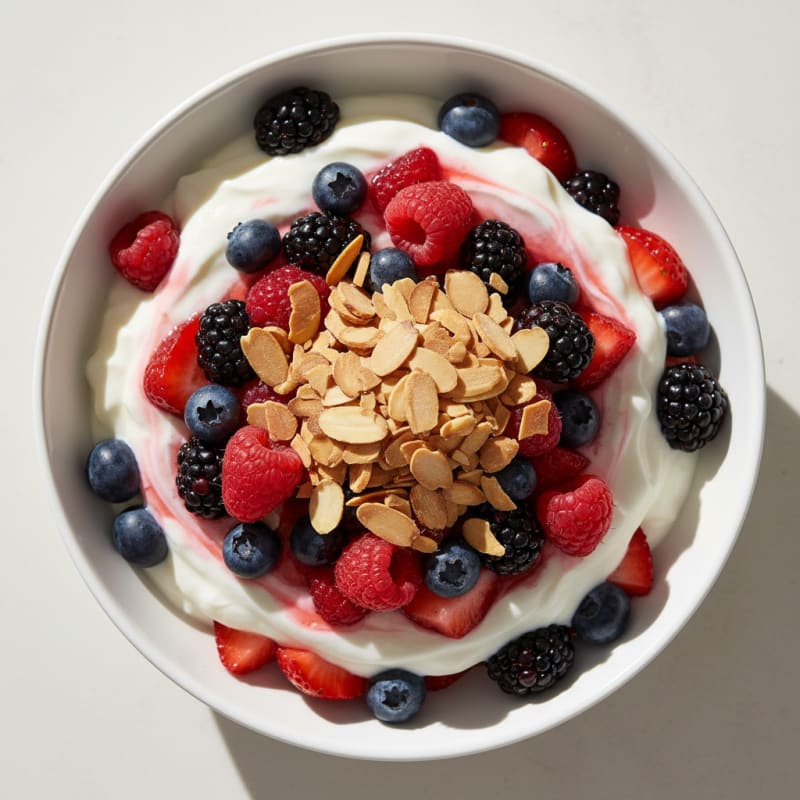 Greek Yogurt Protein Parfait with Mixed Berries and Almonds