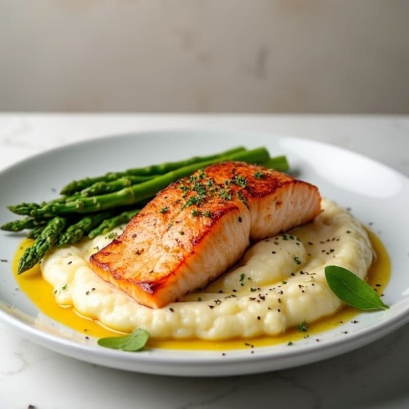 Seared Salmon with Steamed Asparagus and Cauliflower Mash