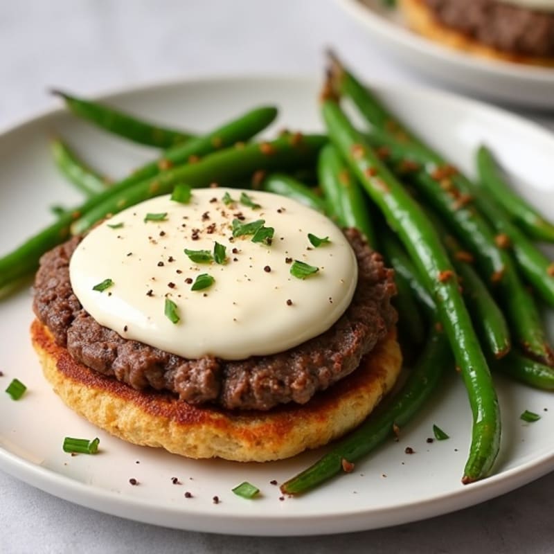 Mozzarella-Topped Lean Beef Burger with Crispy Roasted Green Beans