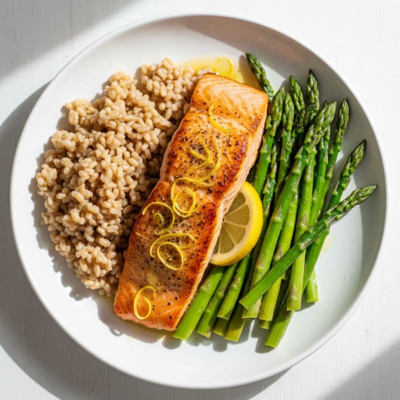 Seared Salmon with Steamed Asparagus and Brown Rice