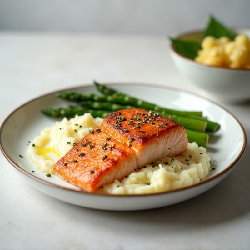 Seared Salmon Filet with Steamed Asparagus and Mashed Cauliflower