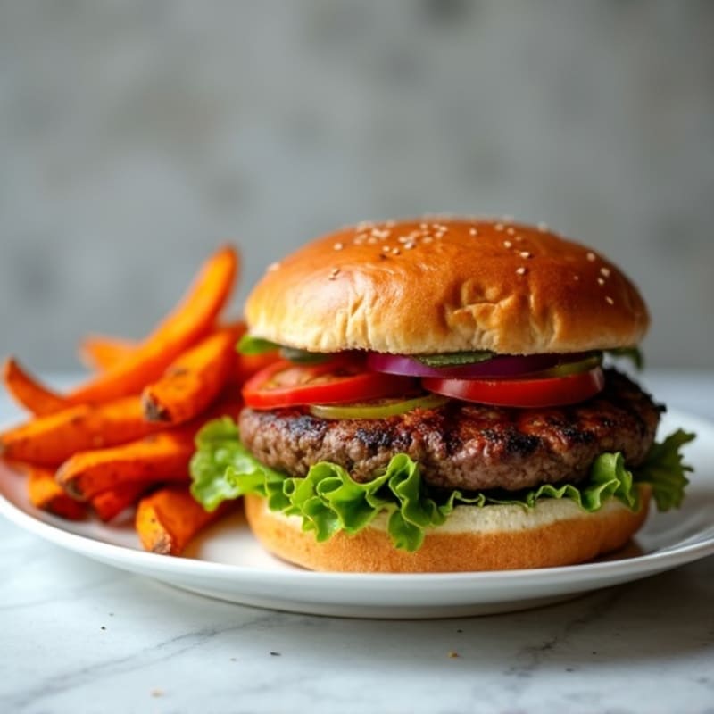 Grilled Lean Beef Burger with Crispy Sweet Potato Fries