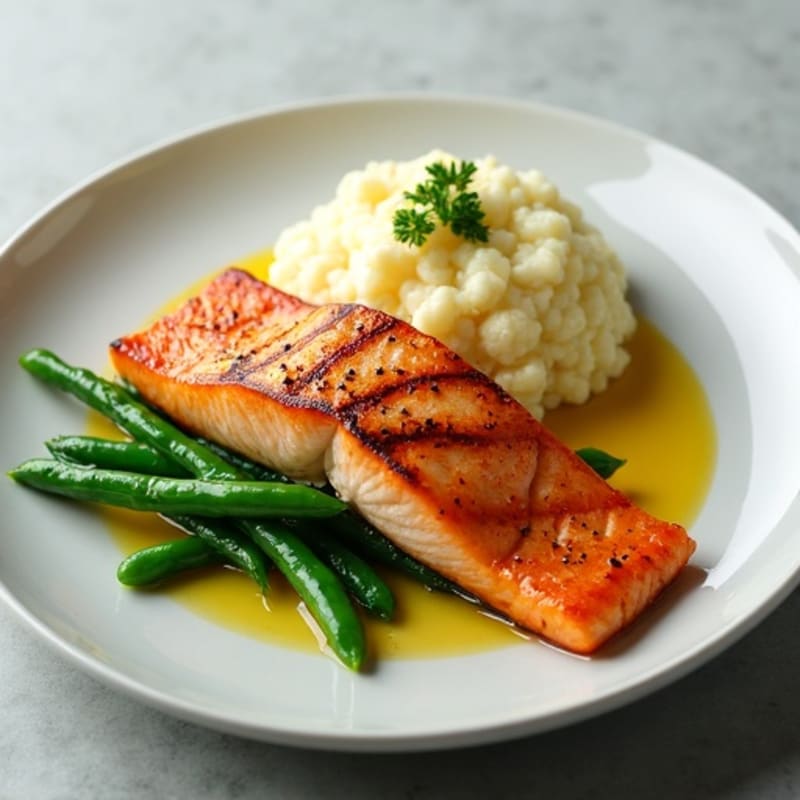 Seared Salmon with Steamed Green Beans and Mashed Cauliflower