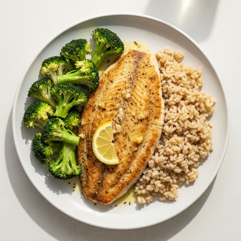 Seared Tilapia with Steamed Broccoli and Brown Rice