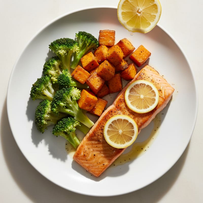 Seared Salmon with Roasted Sweet Potato and Steamed Broccoli