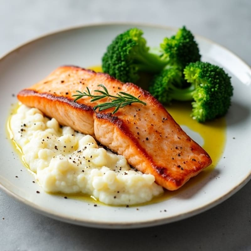 Seared Salmon Fillet with Steamed Broccoli and Cauliflower Mash