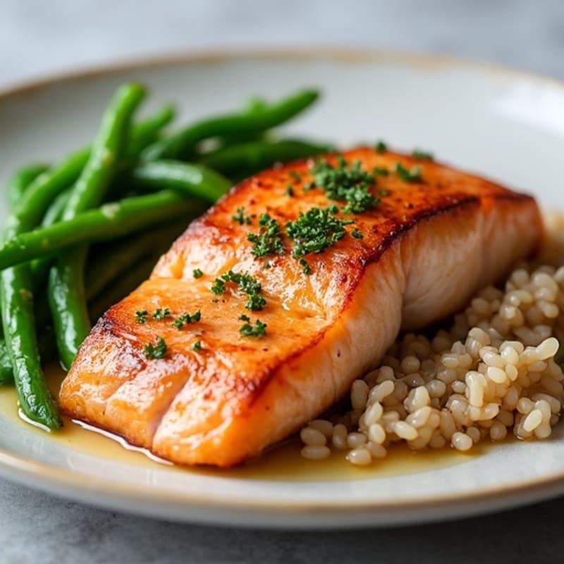 Seared Salmon with Garlic Green Beans and Brown Rice
