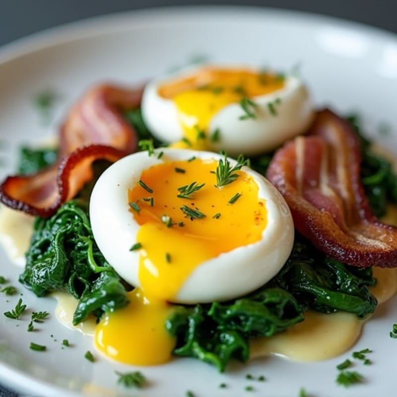Poached Eggs with Seared Turkey Bacon, Wilted Spinach, and Creamy Lemon-Herb Yogurt Sauce