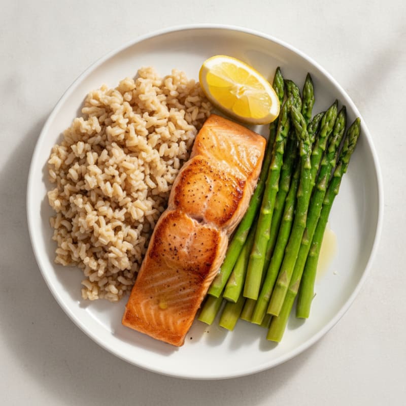 Seared Salmon with Steamed Asparagus and Brown Rice