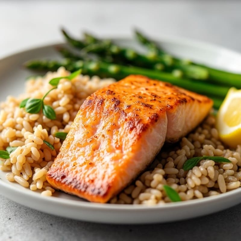 Seared Salmon with Brown Rice and Steamed Asparagus
