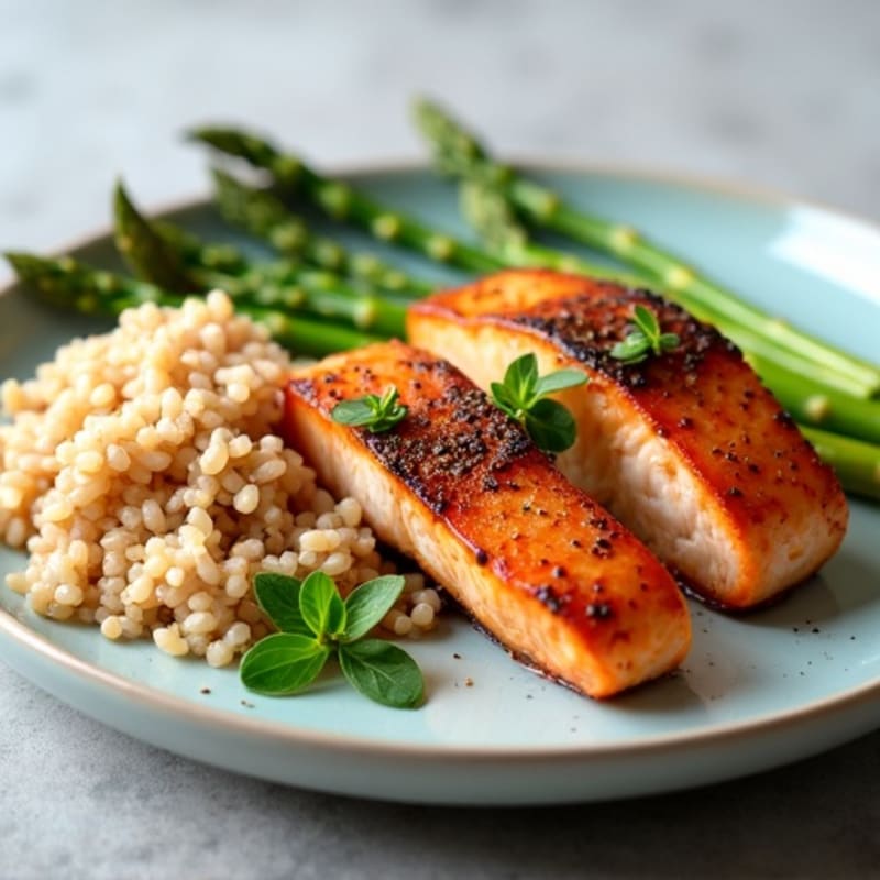 Seared Salmon with Steamed Asparagus and Brown Rice