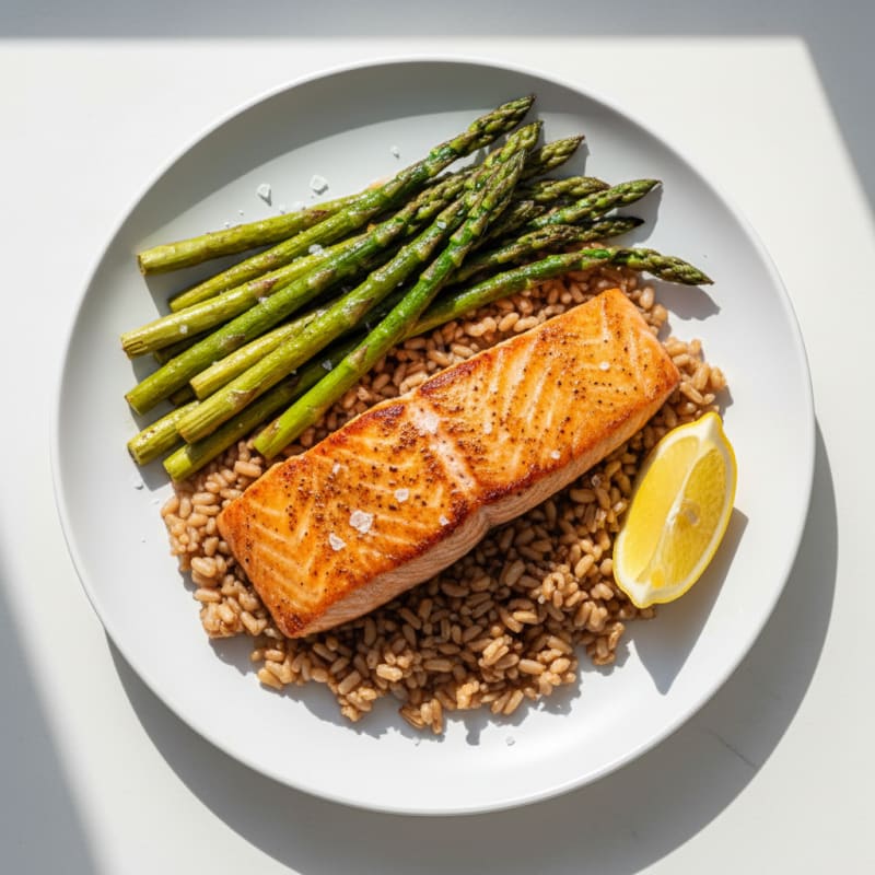 Seared Salmon Fillet with Roasted Asparagus and Brown Rice